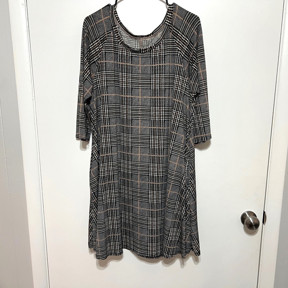 Womens Plaid Tunic Dress Size 3XL 3/4 Sleeve Scoop‎ Neck Pockets Made USA